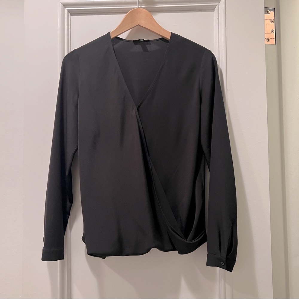 COS 100% Silk Black Surplice Long Sleeve Blouse